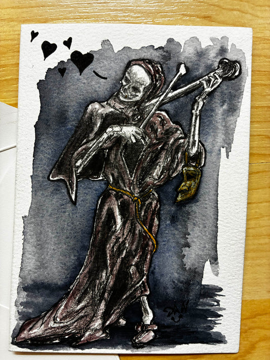 Greeting card with a Grim Reaper playing a guitar on a watercolor background