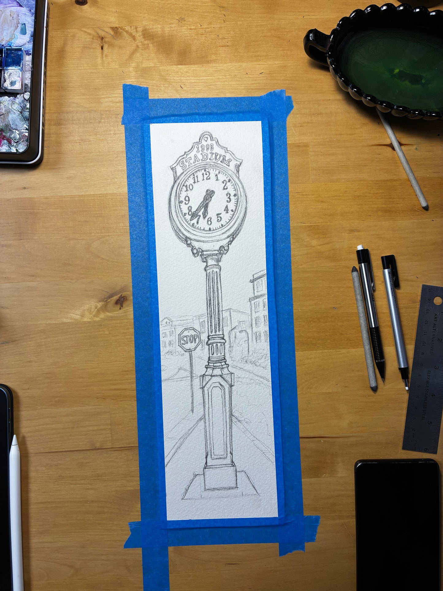 Blue Stadium Clock — Original Watercolor Painting