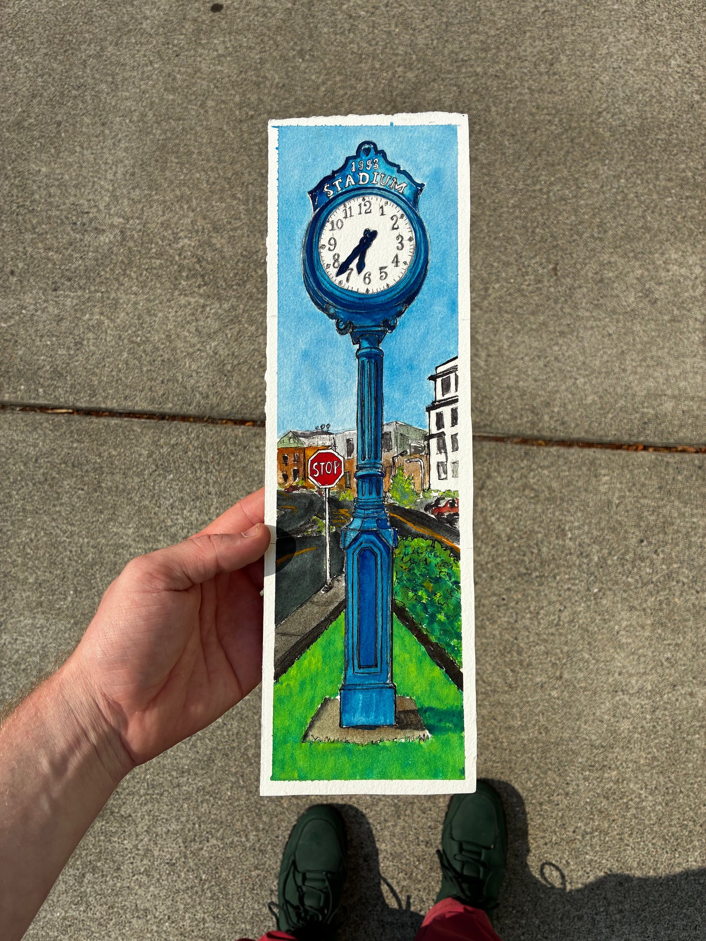Blue Stadium Clock — Original Watercolor Painting