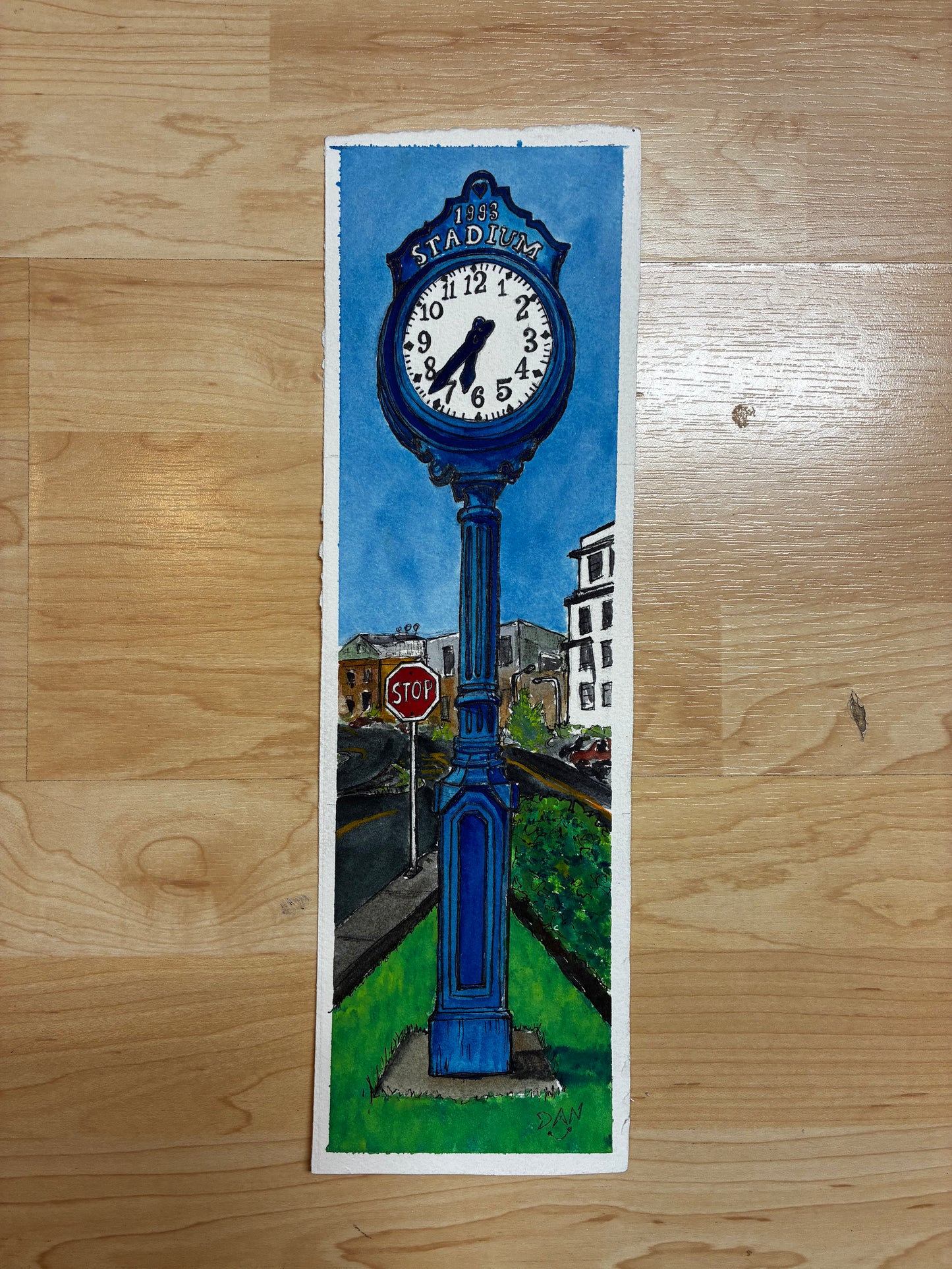 Blue Stadium Clock — Original Watercolor Painting