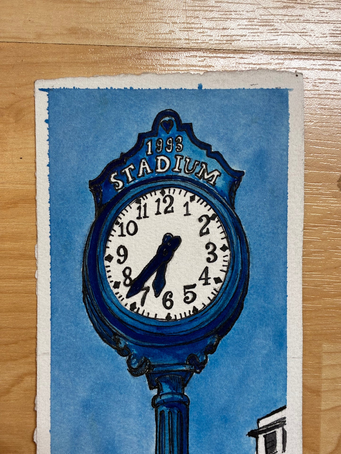 Blue Stadium Clock — Original Watercolor Painting