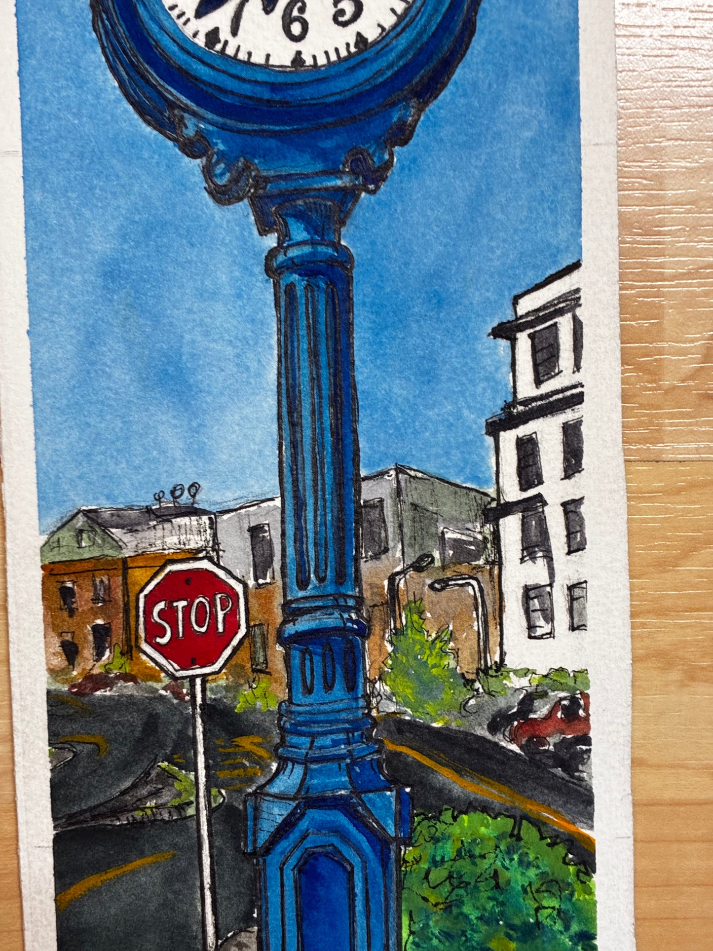 Blue Stadium Clock — Original Watercolor Painting