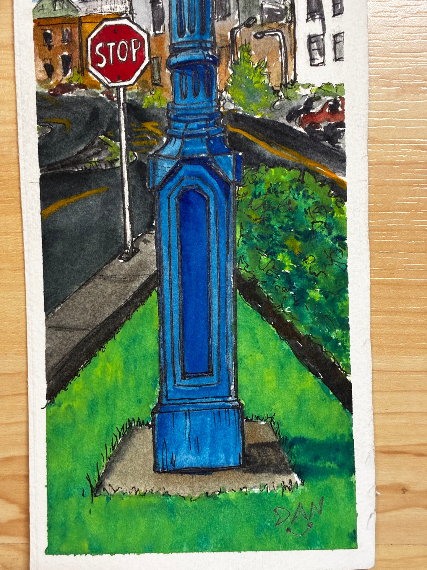 Blue Stadium Clock — Original Watercolor Painting