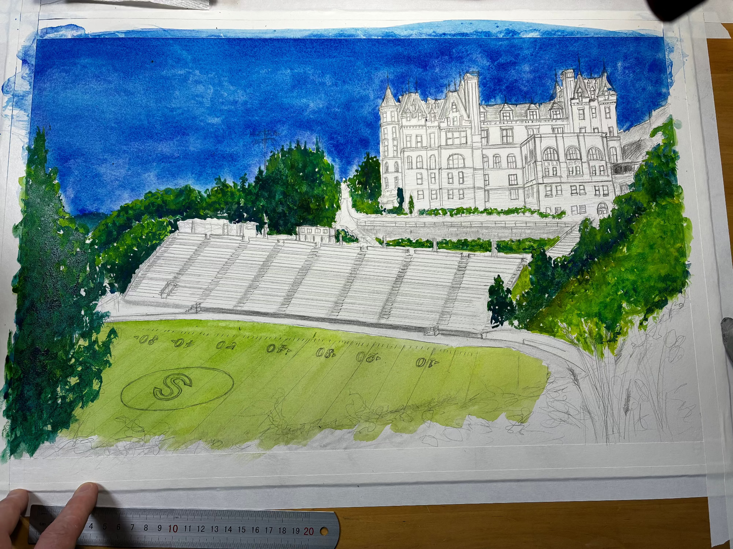 Artistic drawing of a castle with greenery and a blue sky.