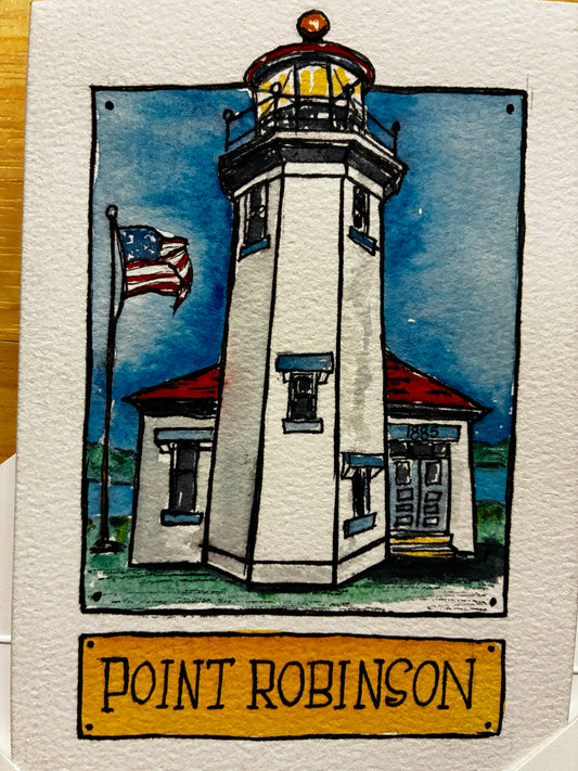 Illustration of a lighthouse with an American flag on a blue sky background, labeled 'Point Robinson'.