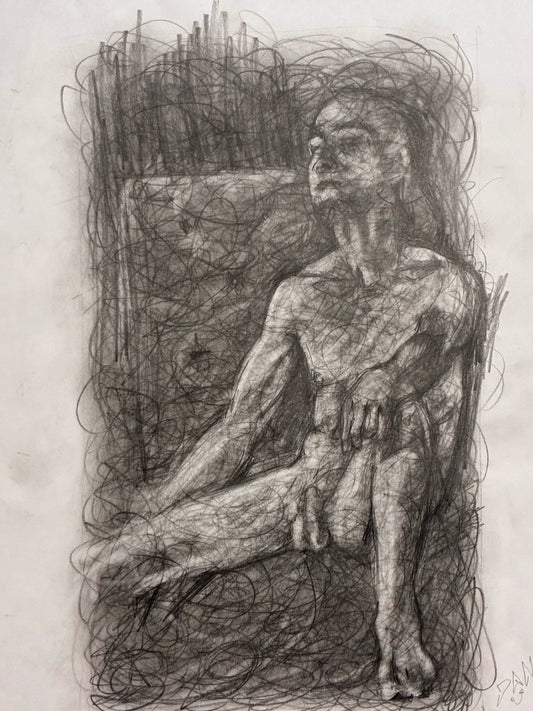 Sketch of a nude figure sitting with dynamic lines on a light background