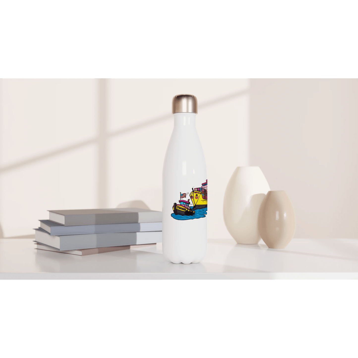Cheeky Tugger Erotic Nautical Adventure White 17oz Stainless Steel Water Bottle - Urban Muse & Sultry Hues