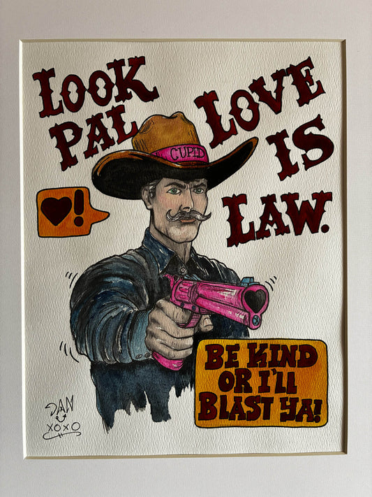 Cowboy Cupid Watercolor "Love is Law" – Playful Western Erotic Art, Framed 17x21 - Urban Muse & Sultry Hues