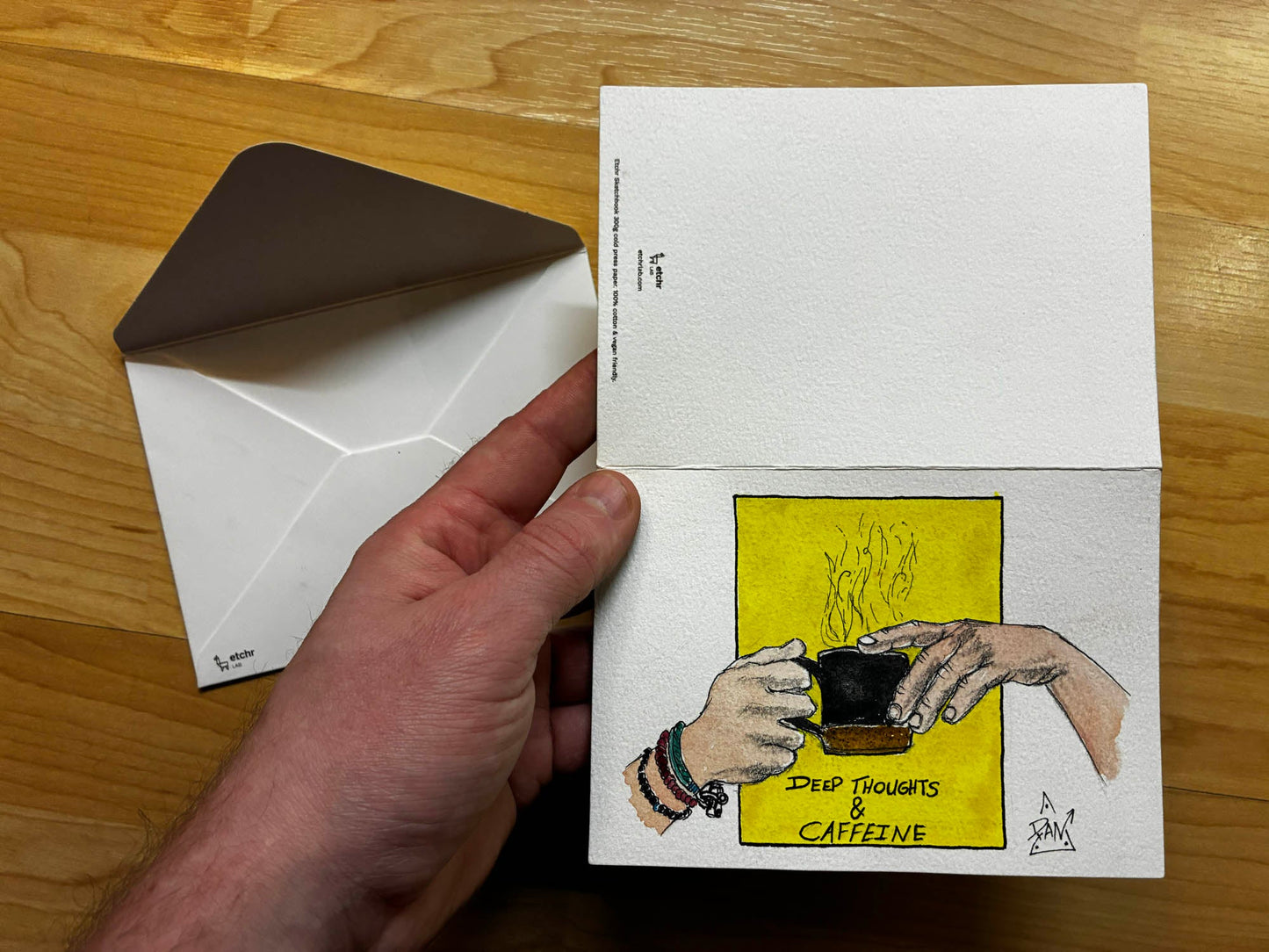 Deep Thoughts & Caffeine Coffee Hands Watercolor Card – 4x6" - Urban Muse & Sultry Hues