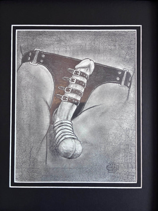 Erotic Male Torso Pencil Drawing – Leather Jockstrap 8x10” - Urban Muse & Sultry Hues