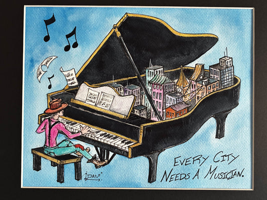 Every City Needs a Musician – Whimsical Piano Watercolor Art - Urban Muse & Sultry Hues