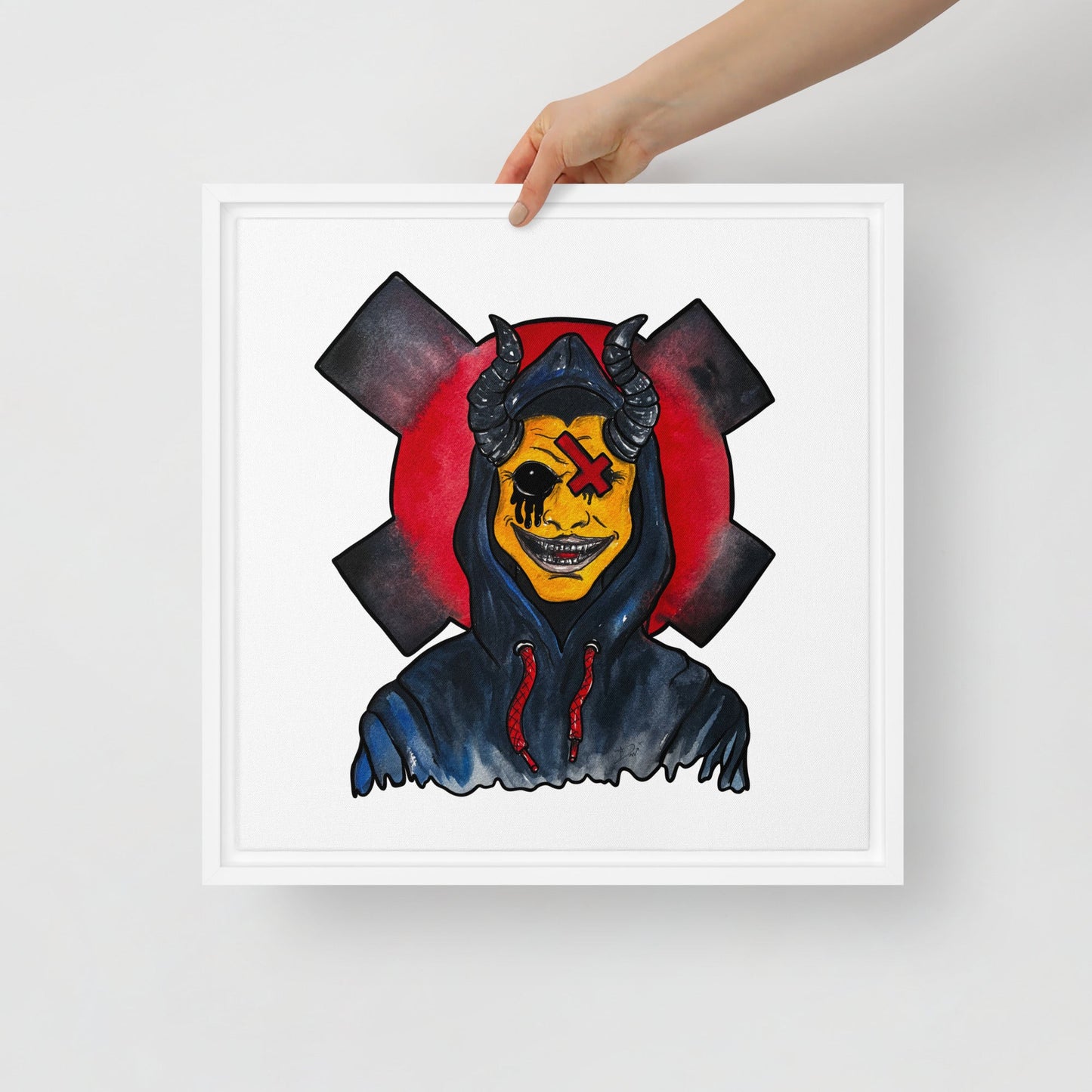 Grinning One - Eyed Demon – Dark Surreal Watercolor Art Framed canvas - Urban Muse & Sultry Hues
