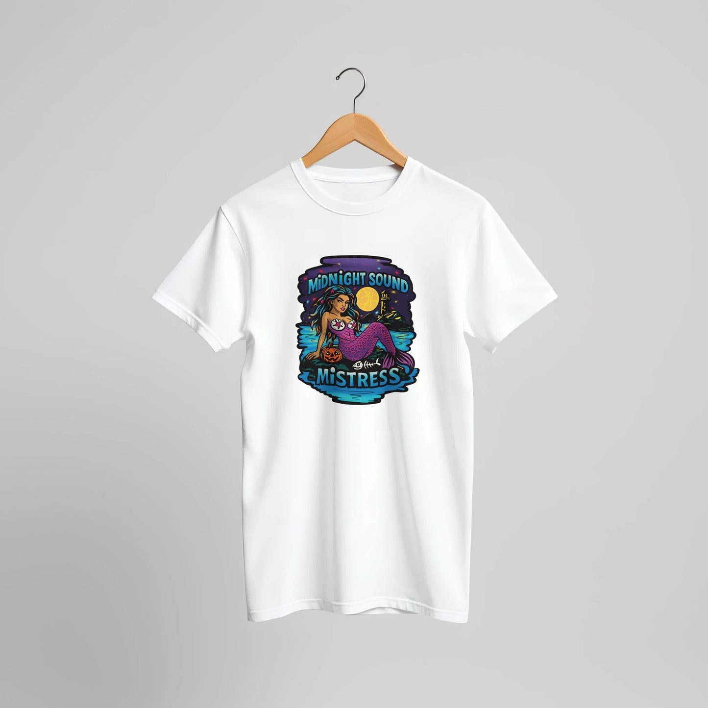Midnight Sound Mistress Mermaid Tee – Spooky Siren & Lighthouse – Unisex Bella+Canvas 3001 - Urban Muse & Sultry Hues