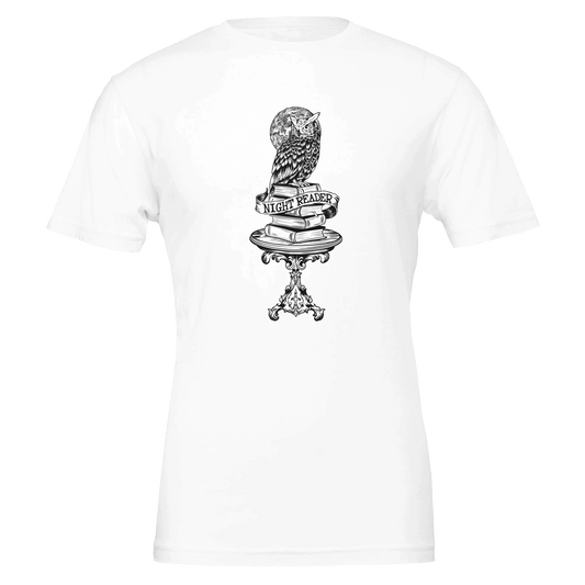 Night Reader Owl Black & White Outline – Unisex Bella+Canvas 3001 - Urban Muse & Sultry Hues