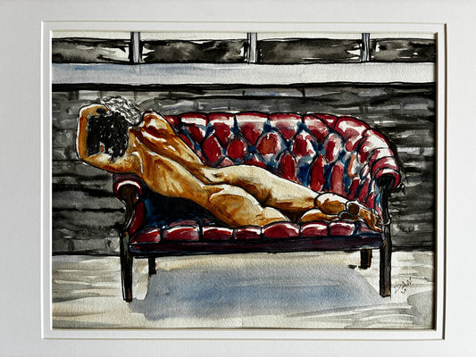Reclining Nude on Red Couch Watercolor – Sensual Female Figure Art, Framed 19x23 - Urban Muse & Sultry Hues