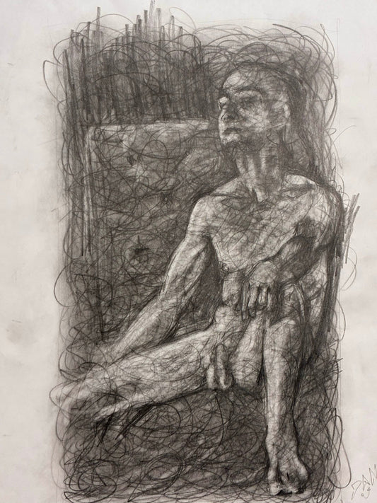Seated Male Nude – Elegant Pencil Drawing from Life Session – 11x14” - Urban Muse & Sultry Hues