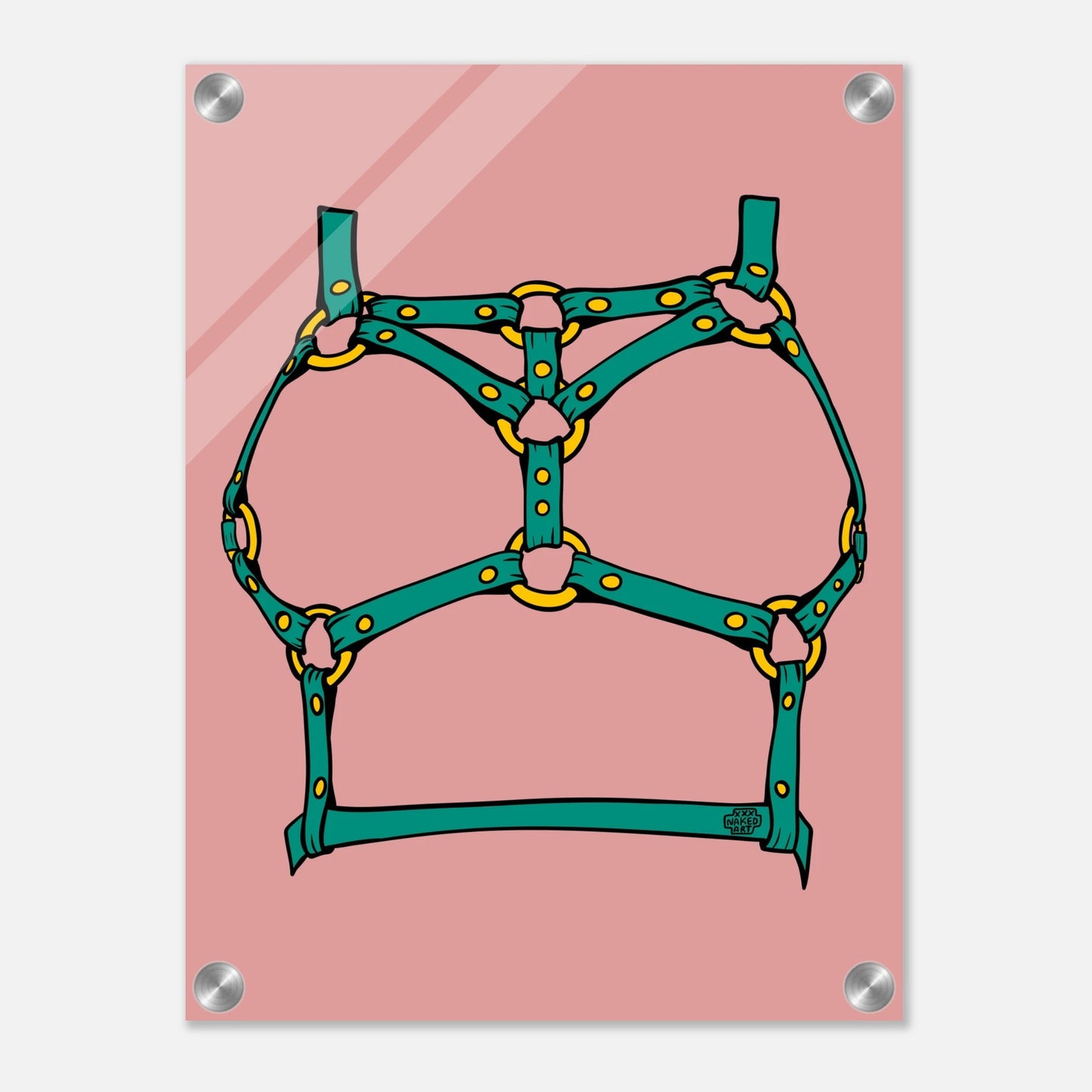 Sultry Teal Harness Straps & Golden Rings – Erotic Bondage Illustration Acrylic Print - Urban Muse & Sultry Hues