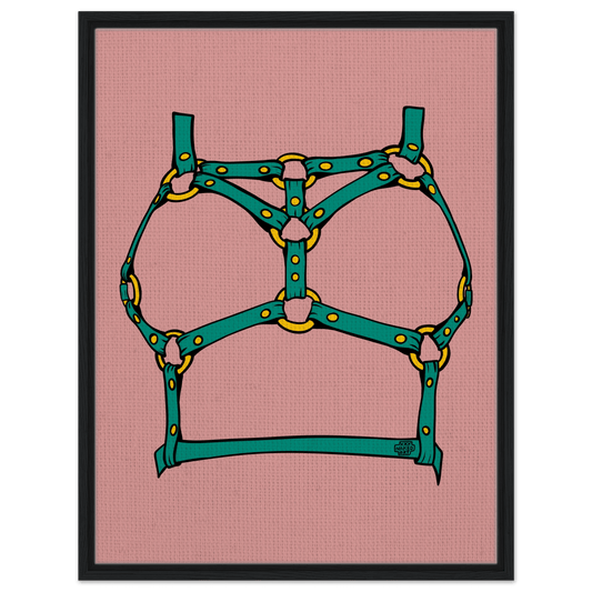 Sultry Teal Harness Straps & Golden Rings – Erotic Bondage Illustration Framed Canvas - Urban Muse & Sultry Hues