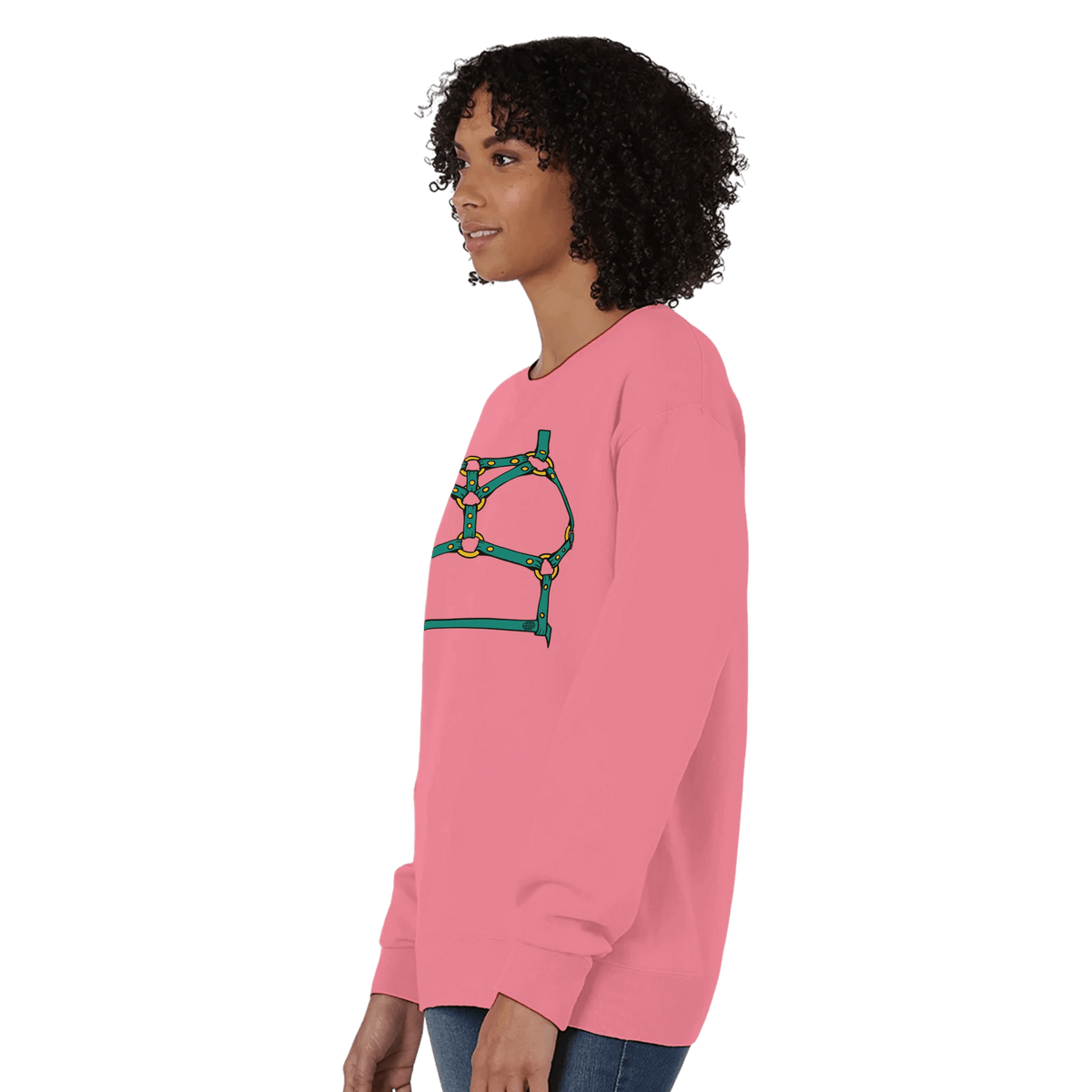 Sultry Teal Harness Straps & Golden Rings – Erotic Bondage Illustration Premium Unisex Crewneck Sweatshirt - Urban Muse & Sultry Hues