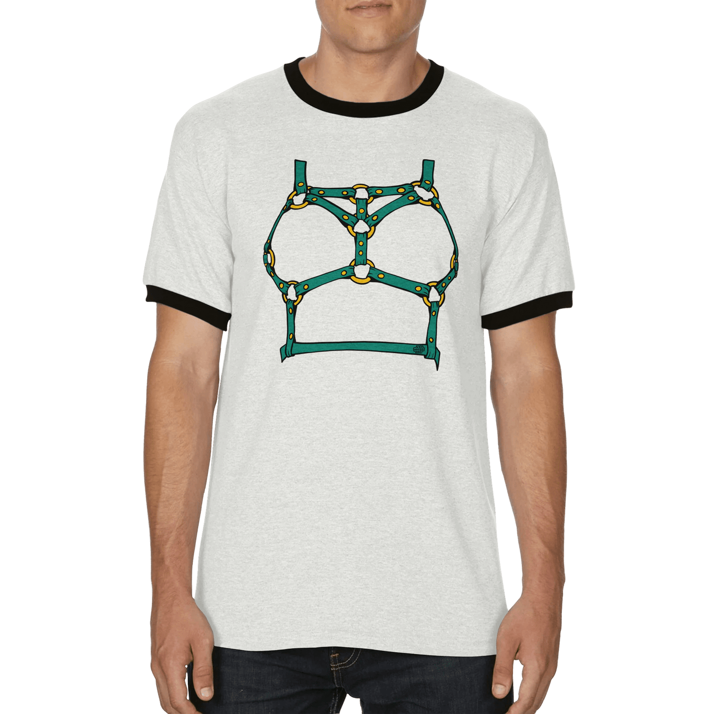 Sultry Teal Harness Straps & Golden Rings – Erotic Bondage Illustration Unisex Ringer T-shirt - Urban Muse & Sultry Hues