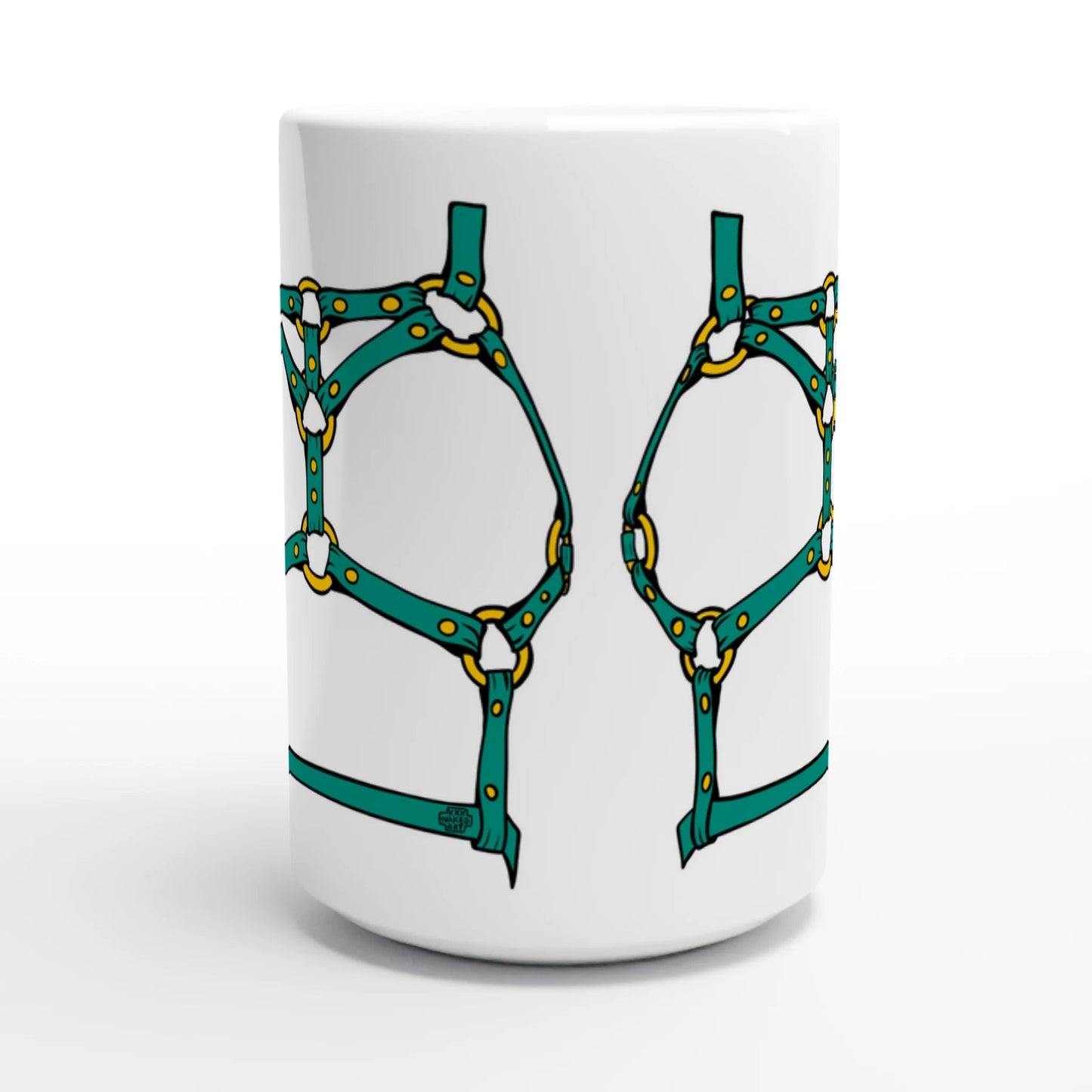 Sultry Teal Harness Straps & Golden Rings – Erotic Bondage Illustration White 15oz Ceramic Mug - Urban Muse & Sultry Hues