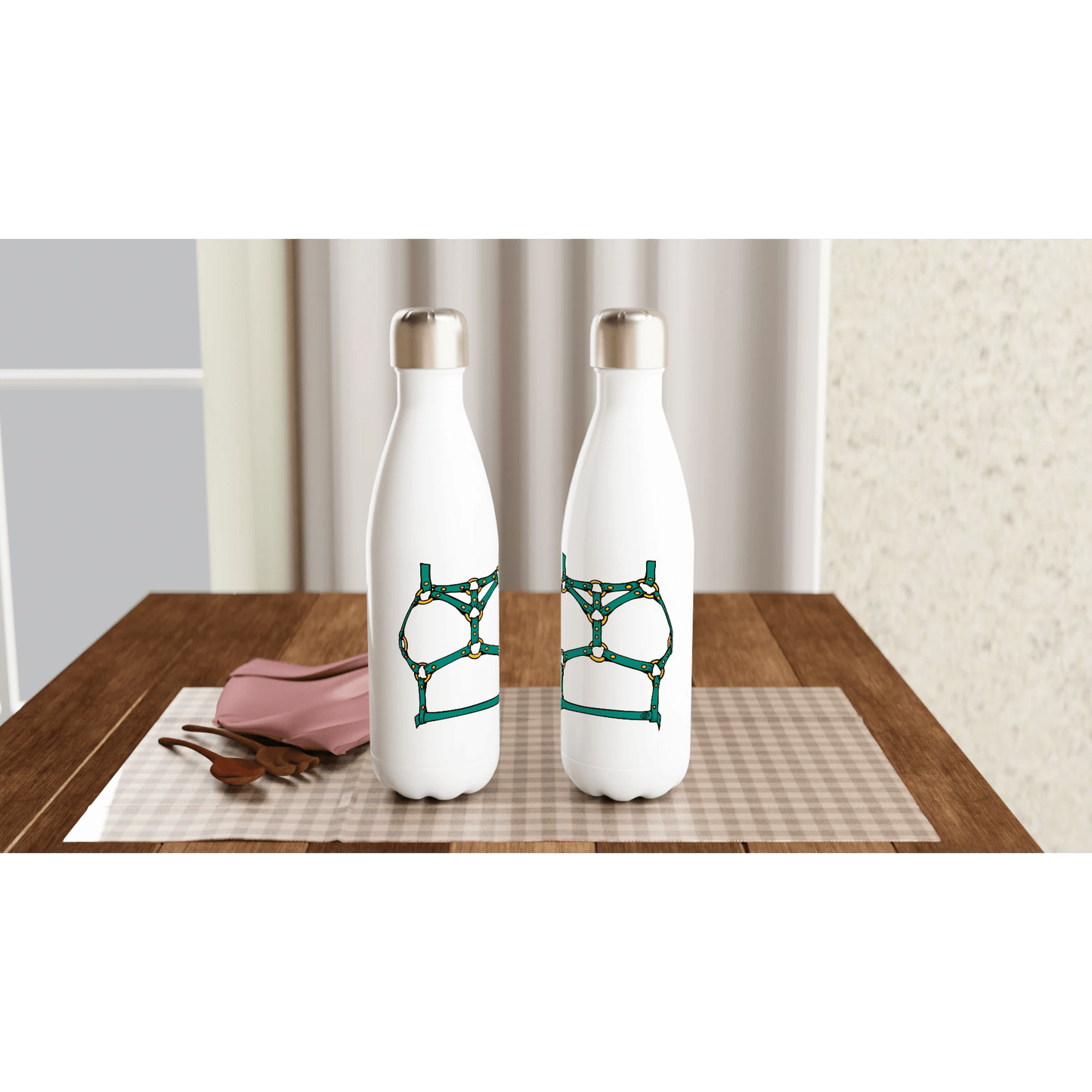 Sultry Teal Harness Straps & Golden Rings – Erotic Bondage Illustration White 17oz Stainless Steel Water Bottle - Urban Muse & Sultry Hues