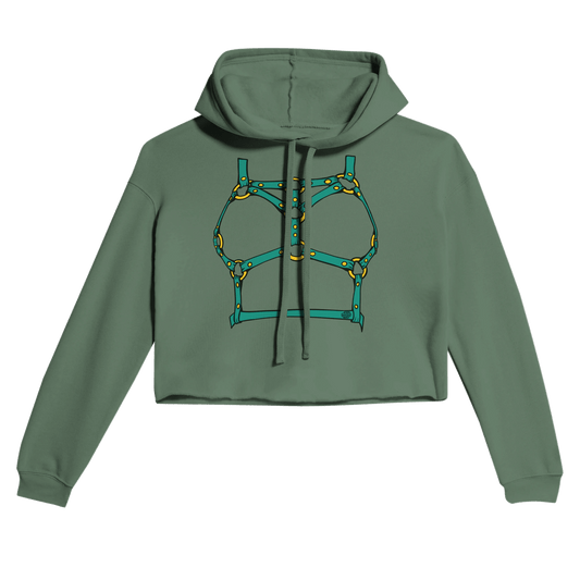Sultry Teal Harness Straps & Golden Rings – Erotic Bondage Illustration Women's Cropped Hoodie - Urban Muse & Sultry Hues