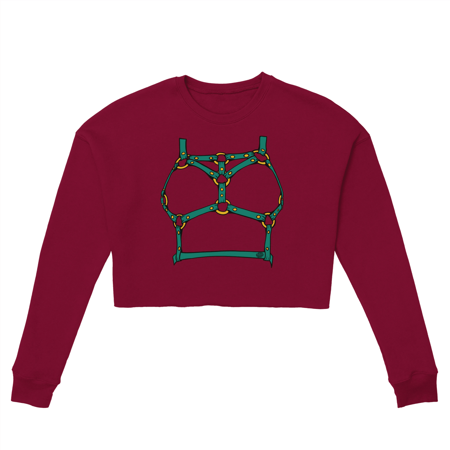 Sultry Teal Harness Straps & Golden Rings – Erotic Bondage Illustration Women's Cropped Sweatshirt - Urban Muse & Sultry Hues