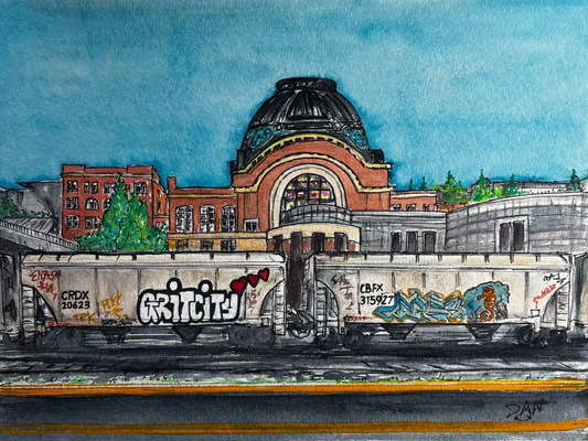 Artistic depiction of a train with graffiti in front of a large building.
