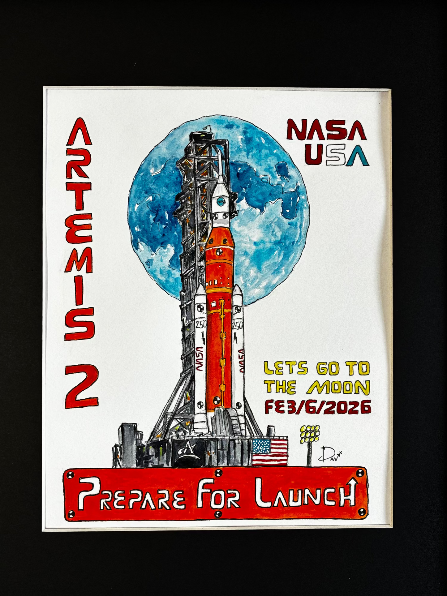 NASA Artemis 2 launch poster with rocket illustration and text.