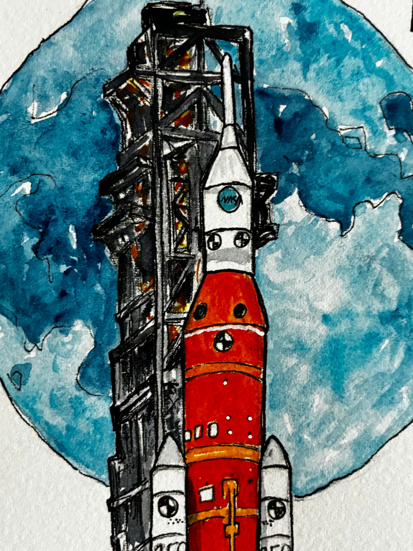 Illustration of a rocket with a launch tower against a blue sky.