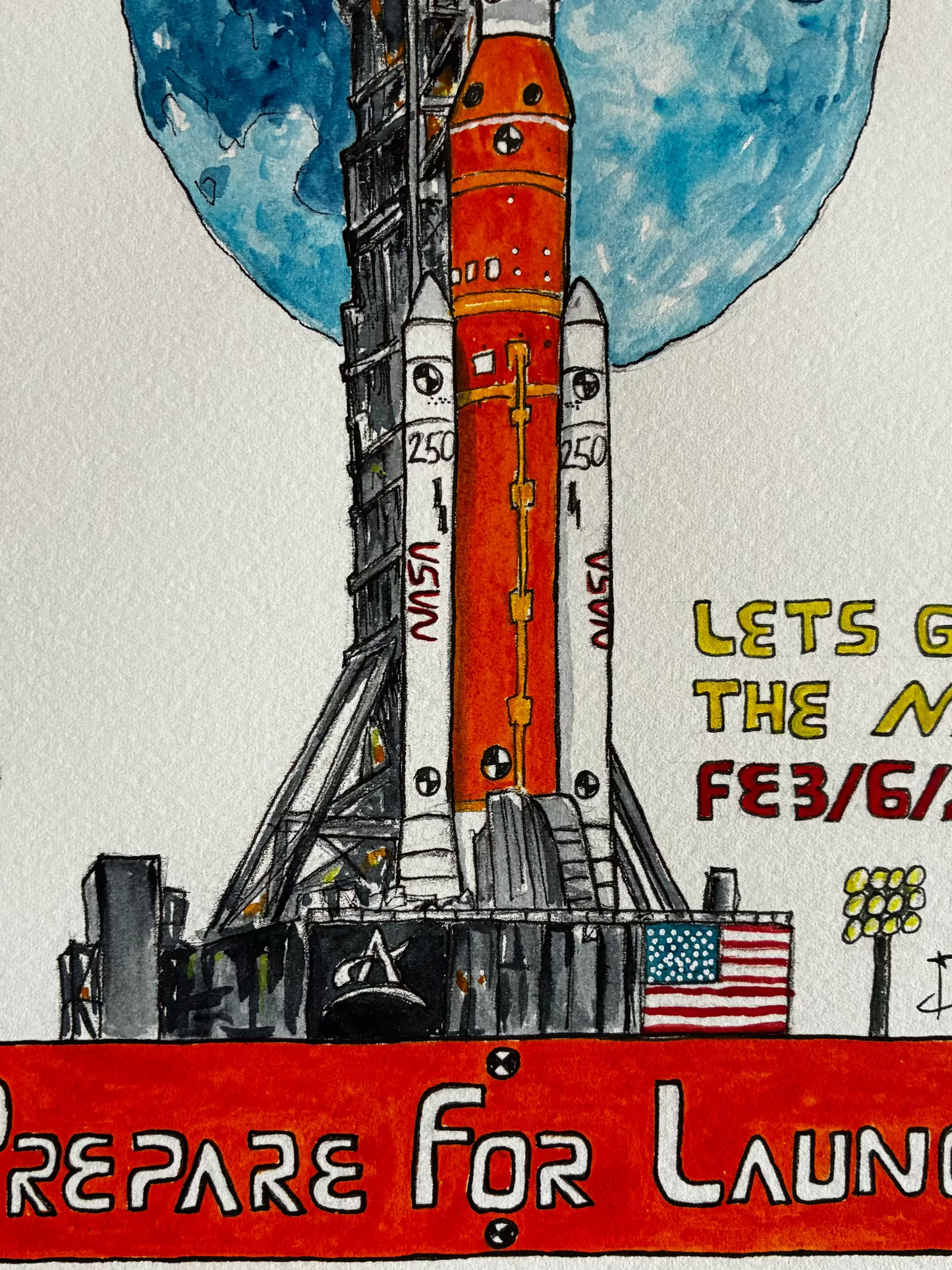 Illustration of a NASA rocket with a launch countdown sign and American flag.