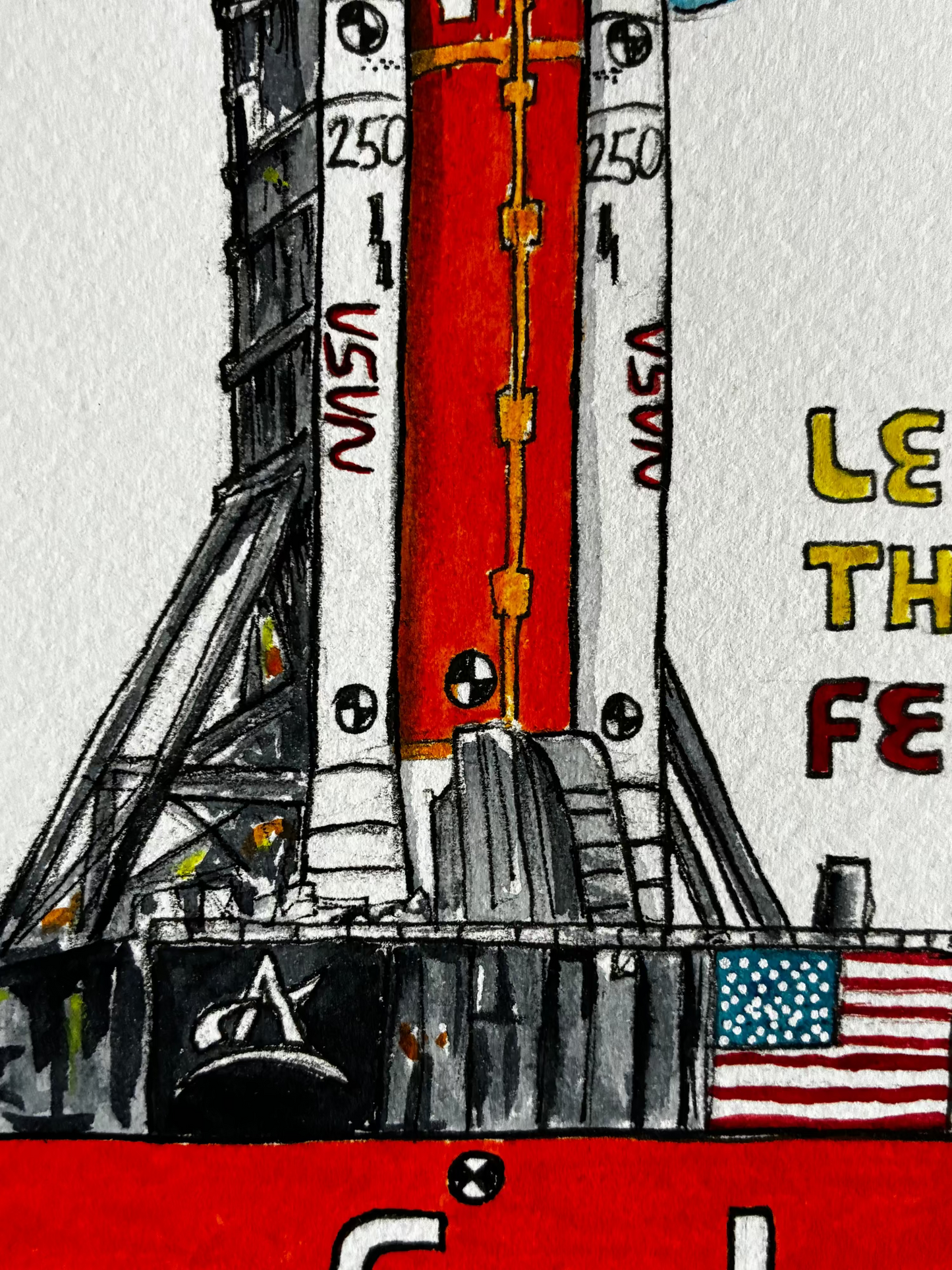 Illustration of a NASA rocket with an American flag on a light gray background