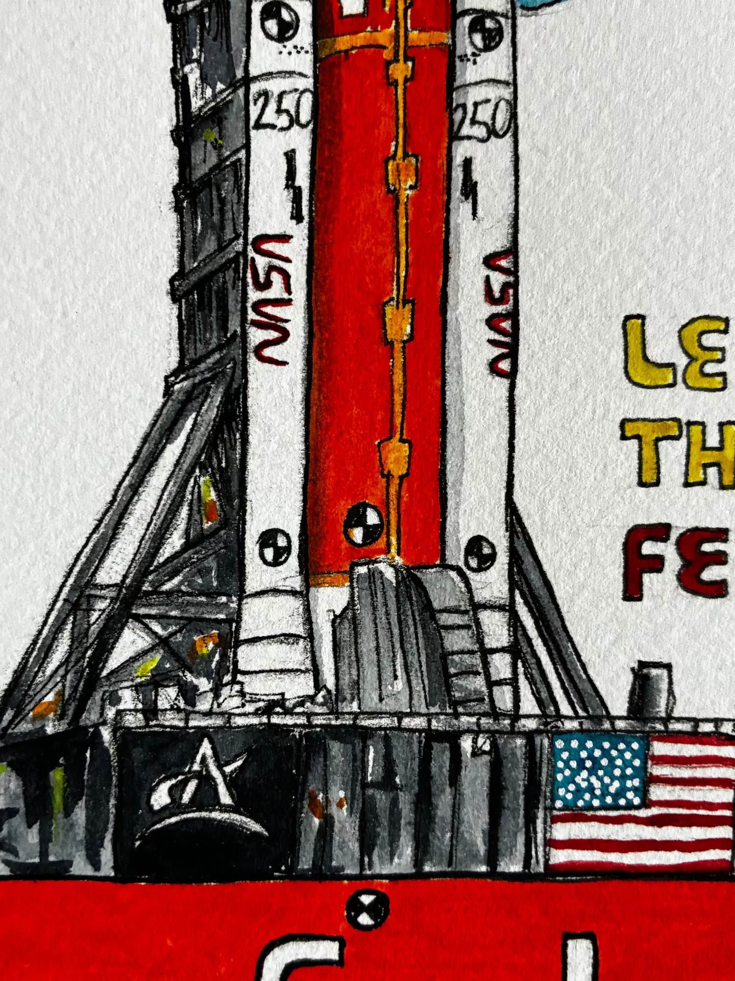 Illustration of a NASA rocket with an American flag on a light gray background