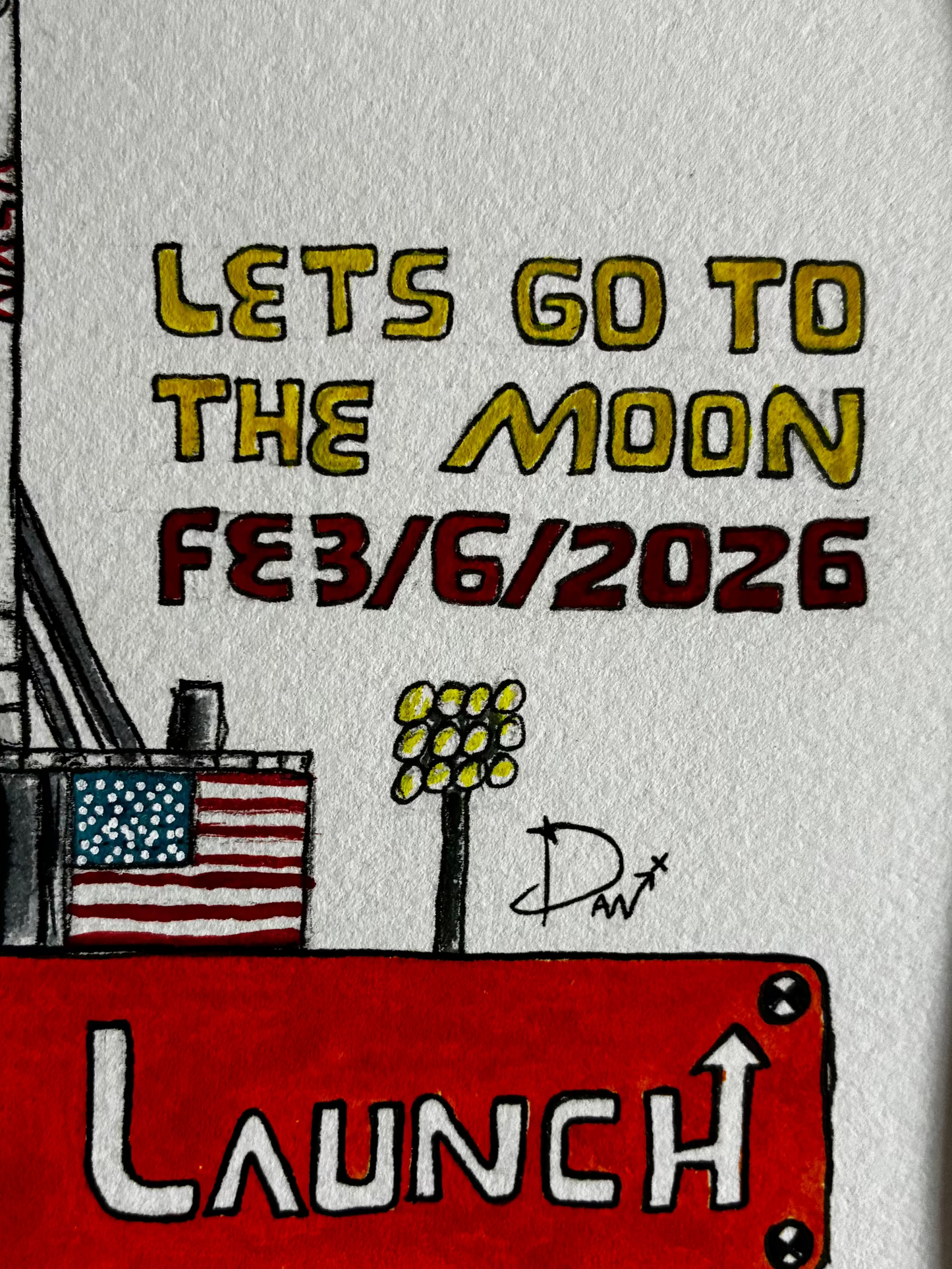 Illustration of a rocket launch with text 'Let's go to the moon FEB 6 2026' on a textured background.