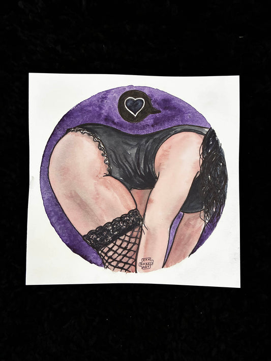 Illustration of a person wearing black lingerie and fishnet stockings with a purple heart design on a white background.