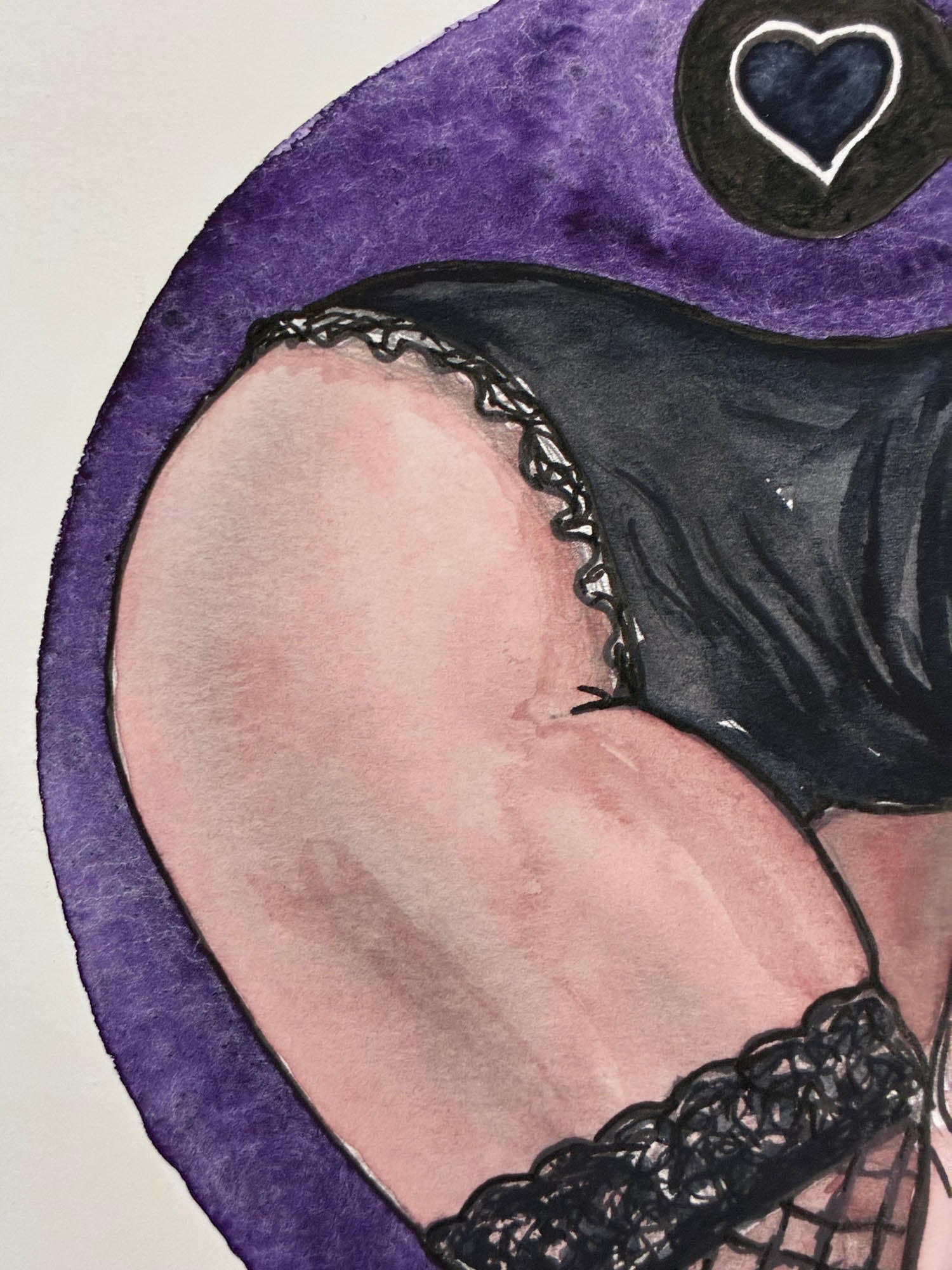 Illustration of a person wearing a black outfit with a heart emblem on a purple background