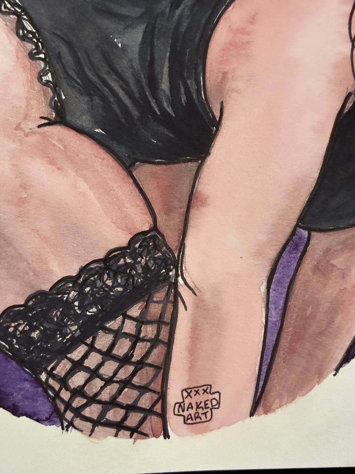 Artistic depiction of a person wearing black lingerie and fishnet stockings with 'XXX Naked Art' logo.