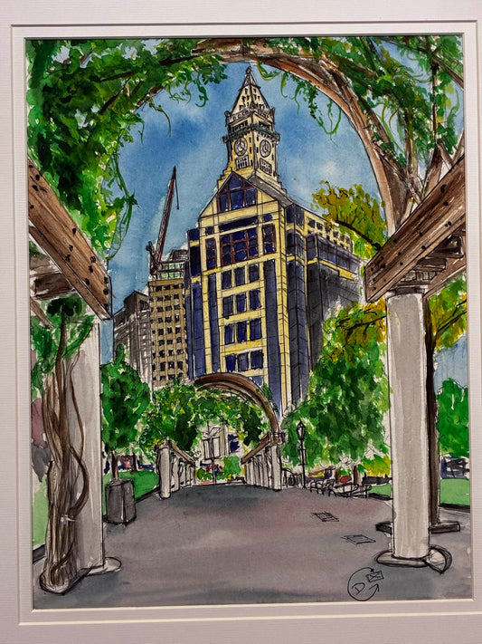 Artistic depiction of a cityscape with a tall building featuring a clock tower, viewed through an archway with greenery.