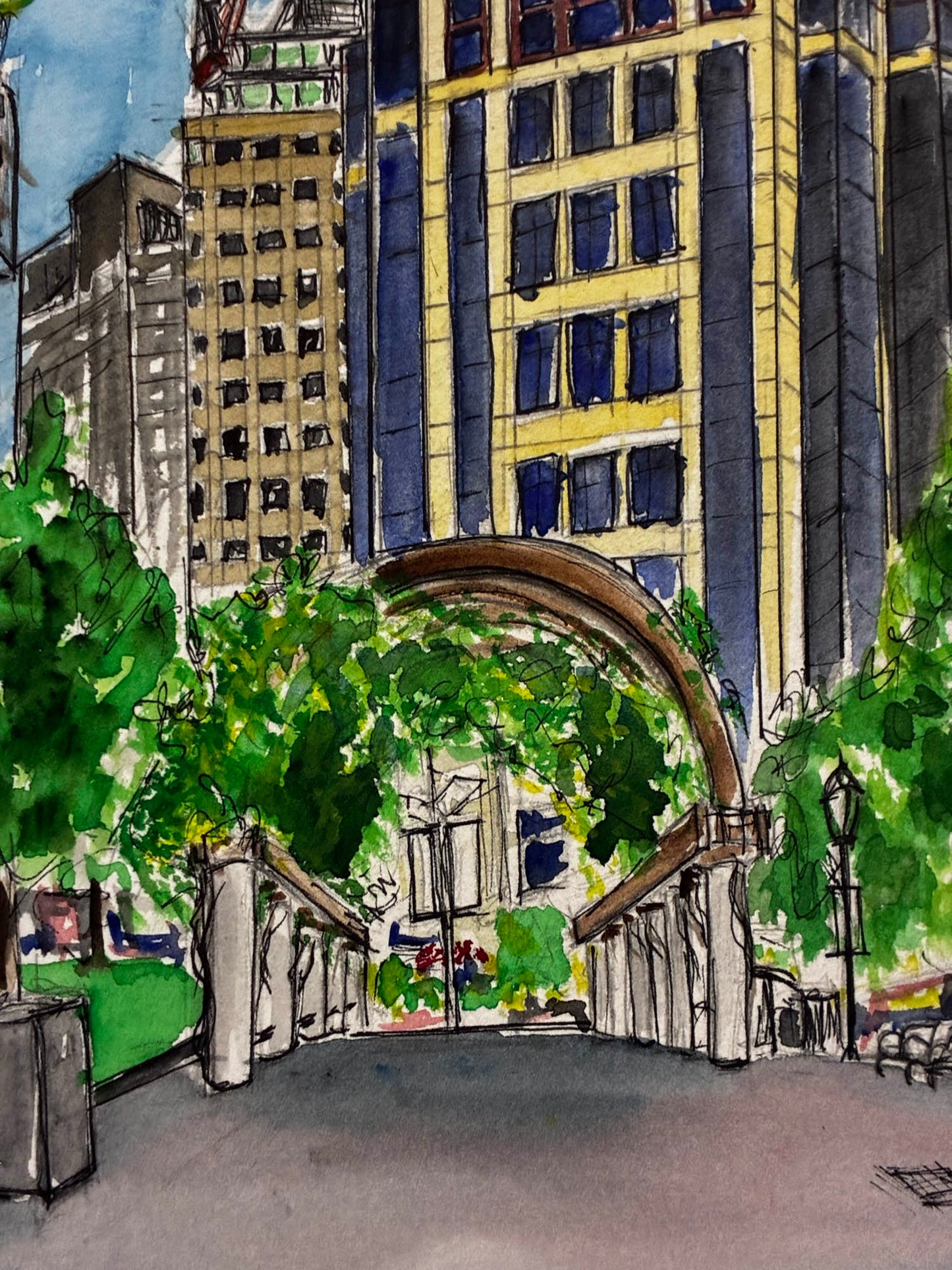 Illustration of a cityscape with a park and architectural elements