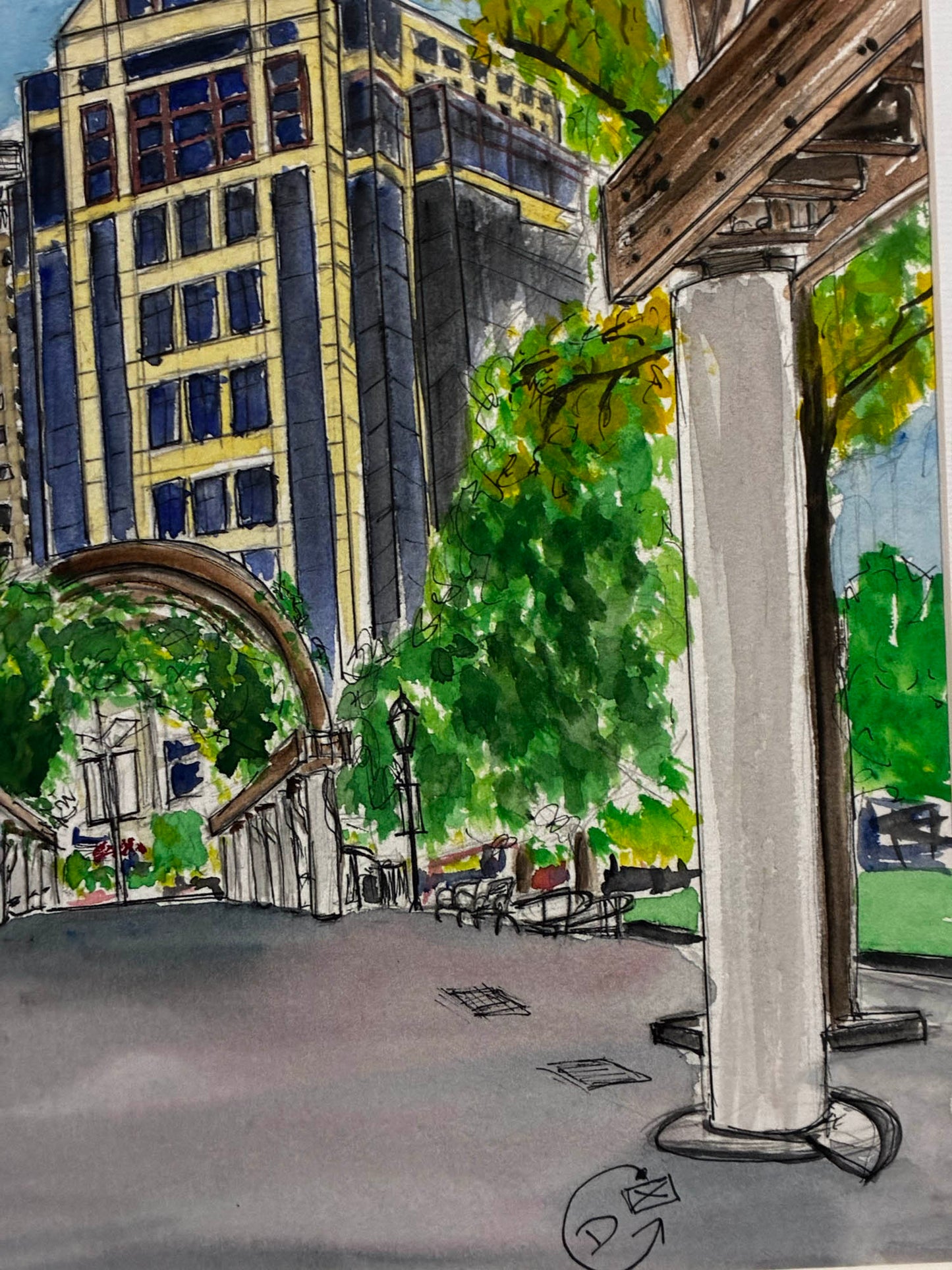 Colorful illustration of a city street with trees and  buildings.