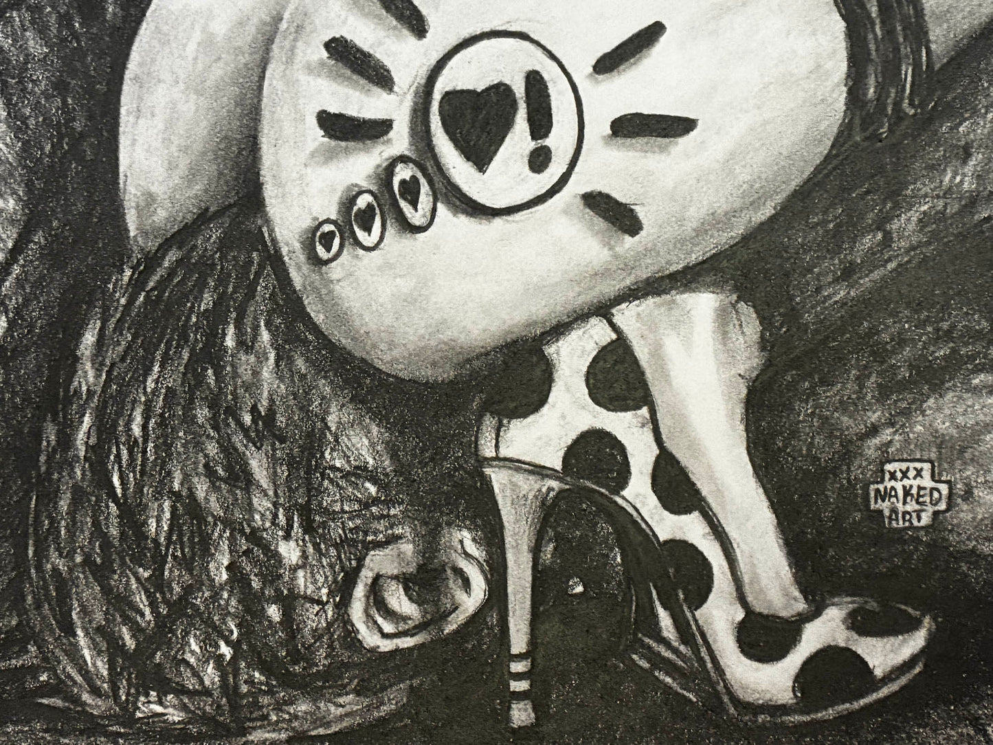 Black and white illustration of a shoe with polka dot pattern and heart symbol, featuring the artist's signature.