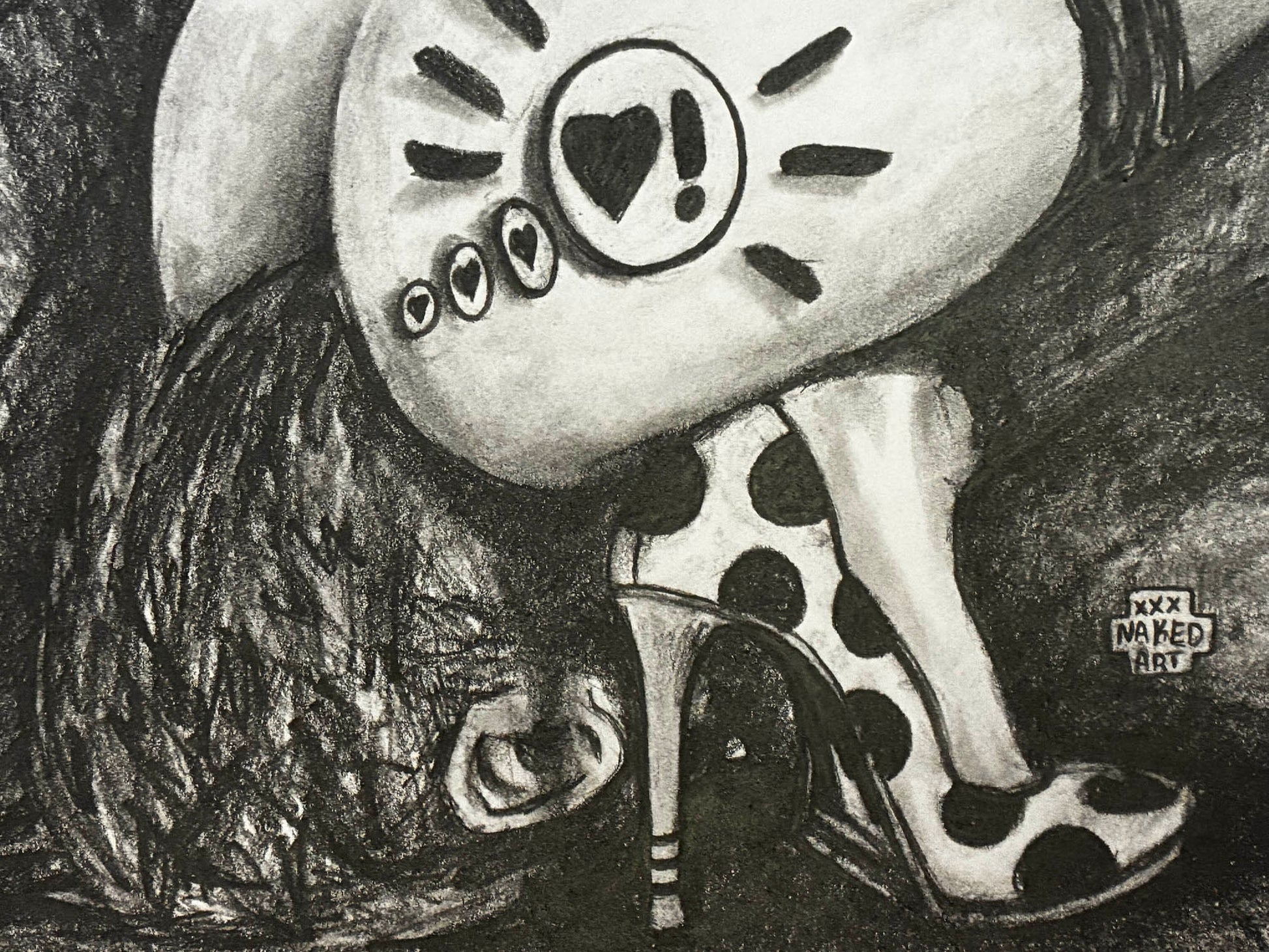 Black and white illustration of a shoe with polka dot pattern and heart symbol, featuring the artist's signature.