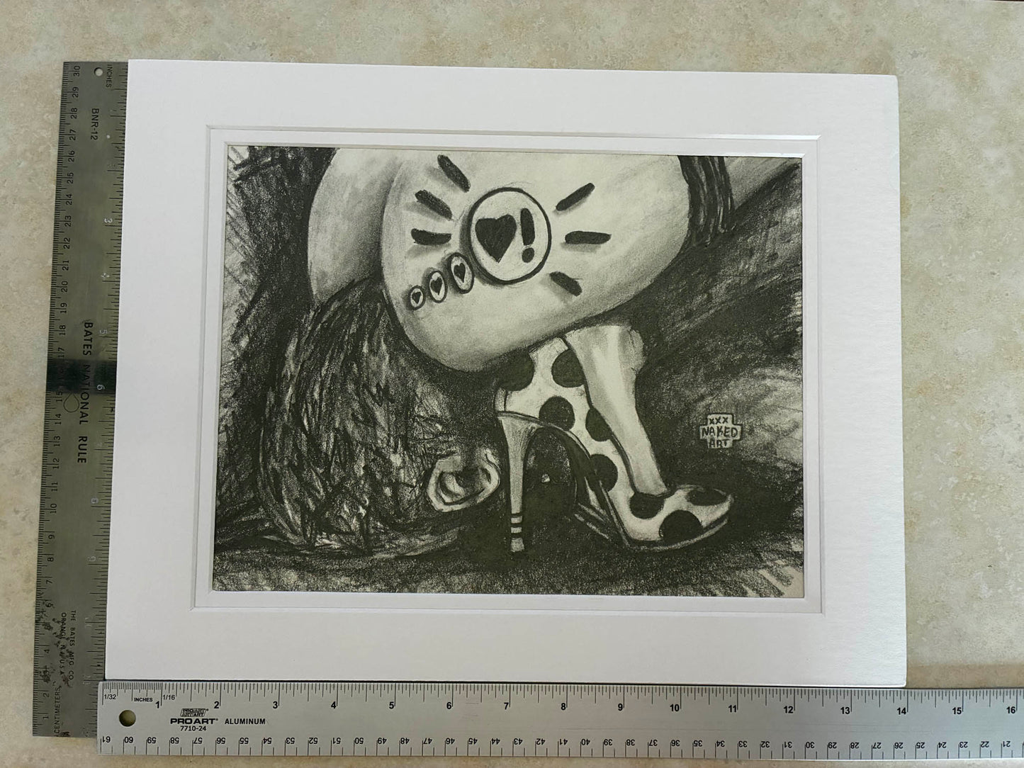 drawing of cute shoes sitting on a face with rollers for measurements. 