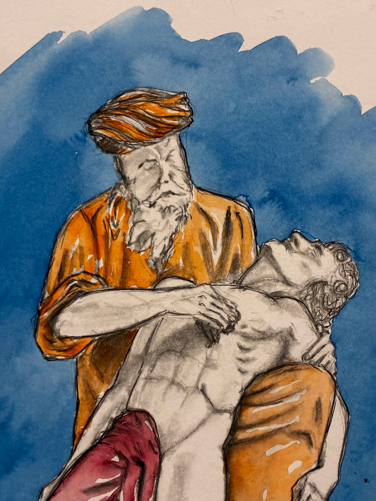 Illustration of a man in an orange turban embracing a statue against a blue background