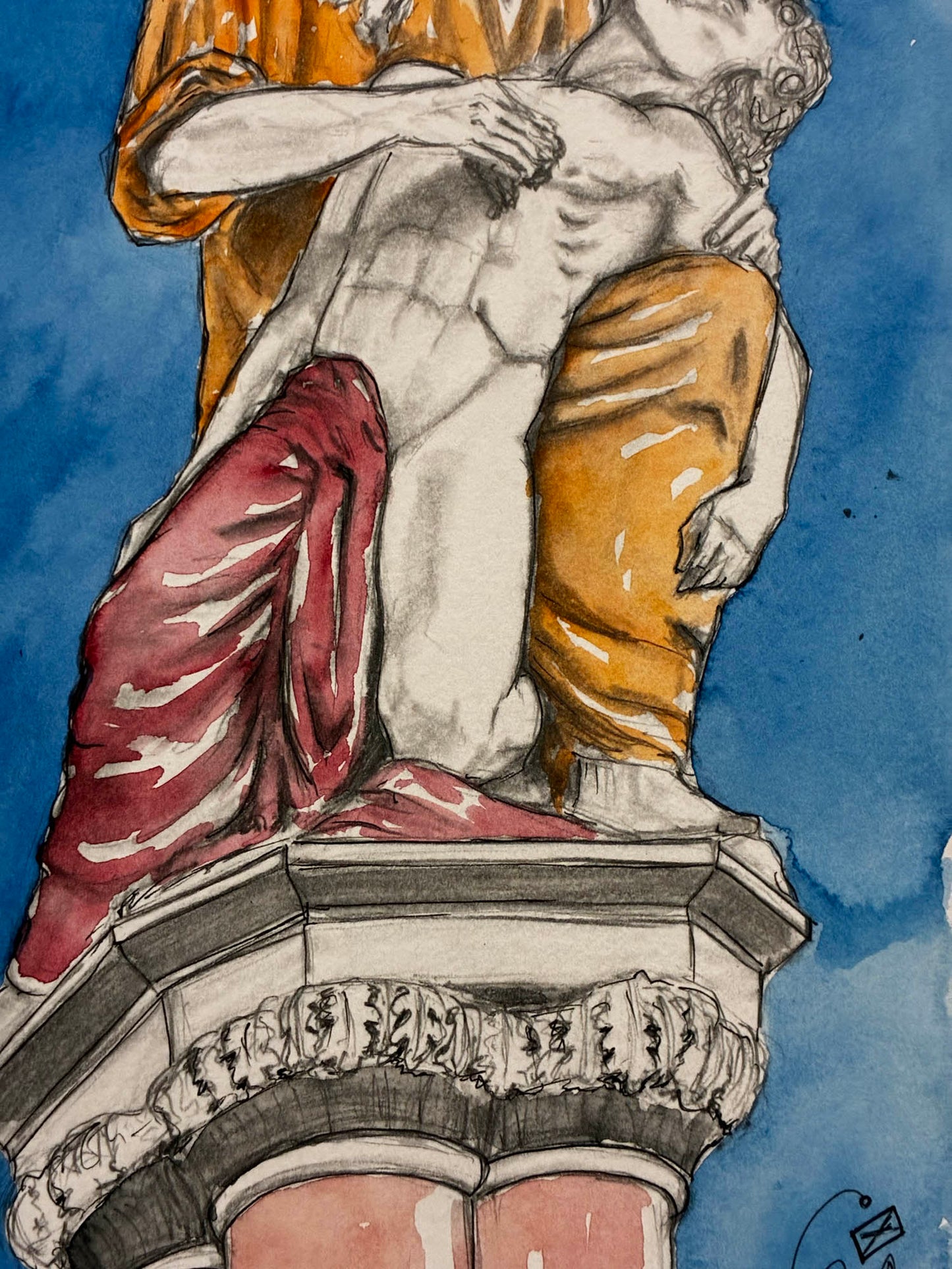 Artistic depiction of a classical sculpture with draped fabric on a blue background