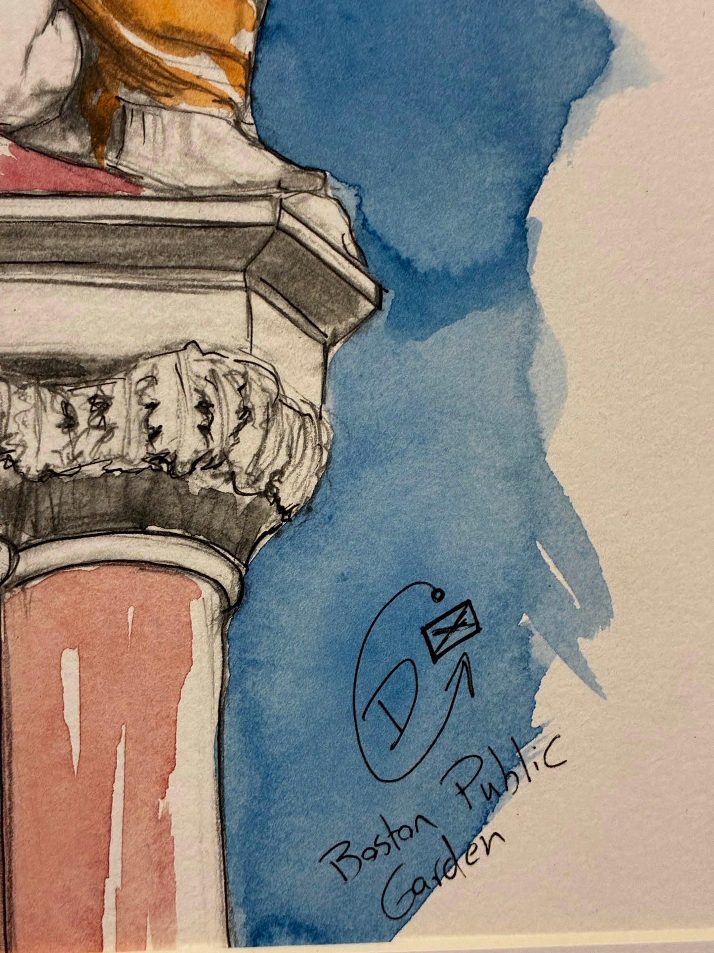 Artistic depiction of architectural details with watercolor elements and 'Boston Public Garden and artist signature .