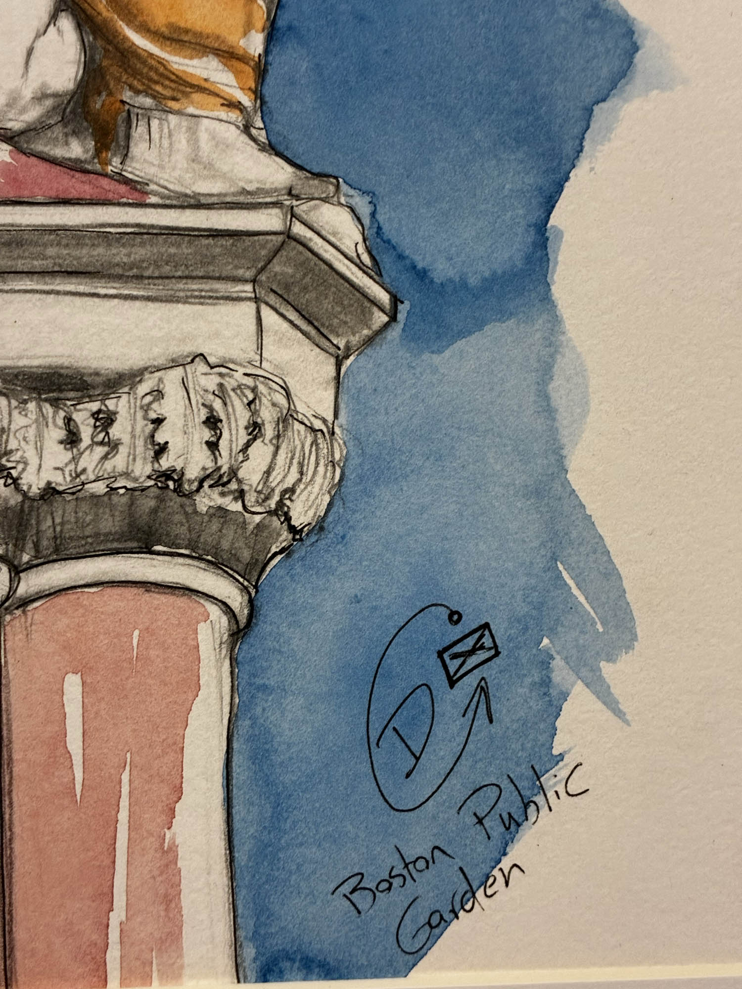 Artistic depiction of architectural details with watercolor elements and 'Boston Public Garden and artist signature .