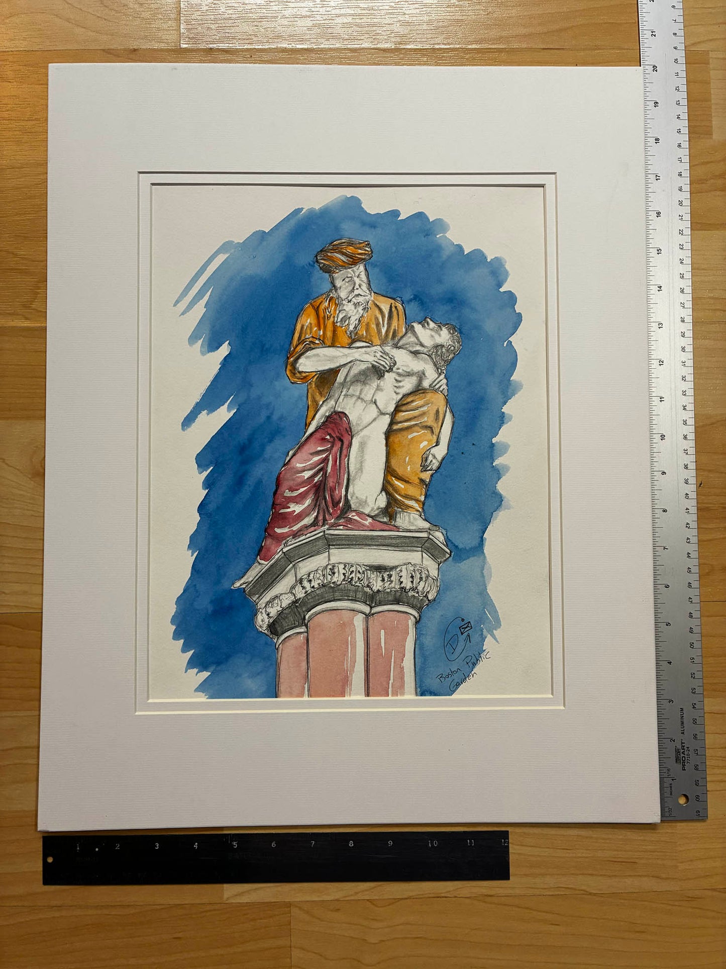 Artistic depiction of a classical statue on a wooden surface with a ruler for scale.