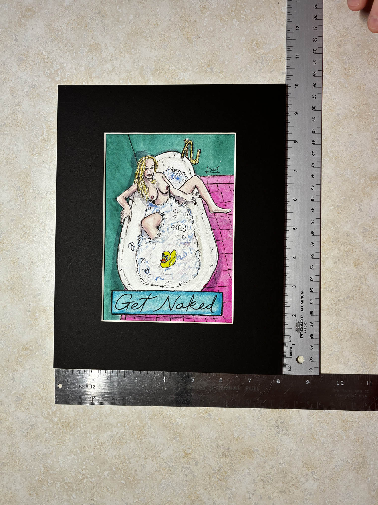 Artistic depiction of a woman in a bathtub with 'Get Naked' text, framed and measured against a ruler.